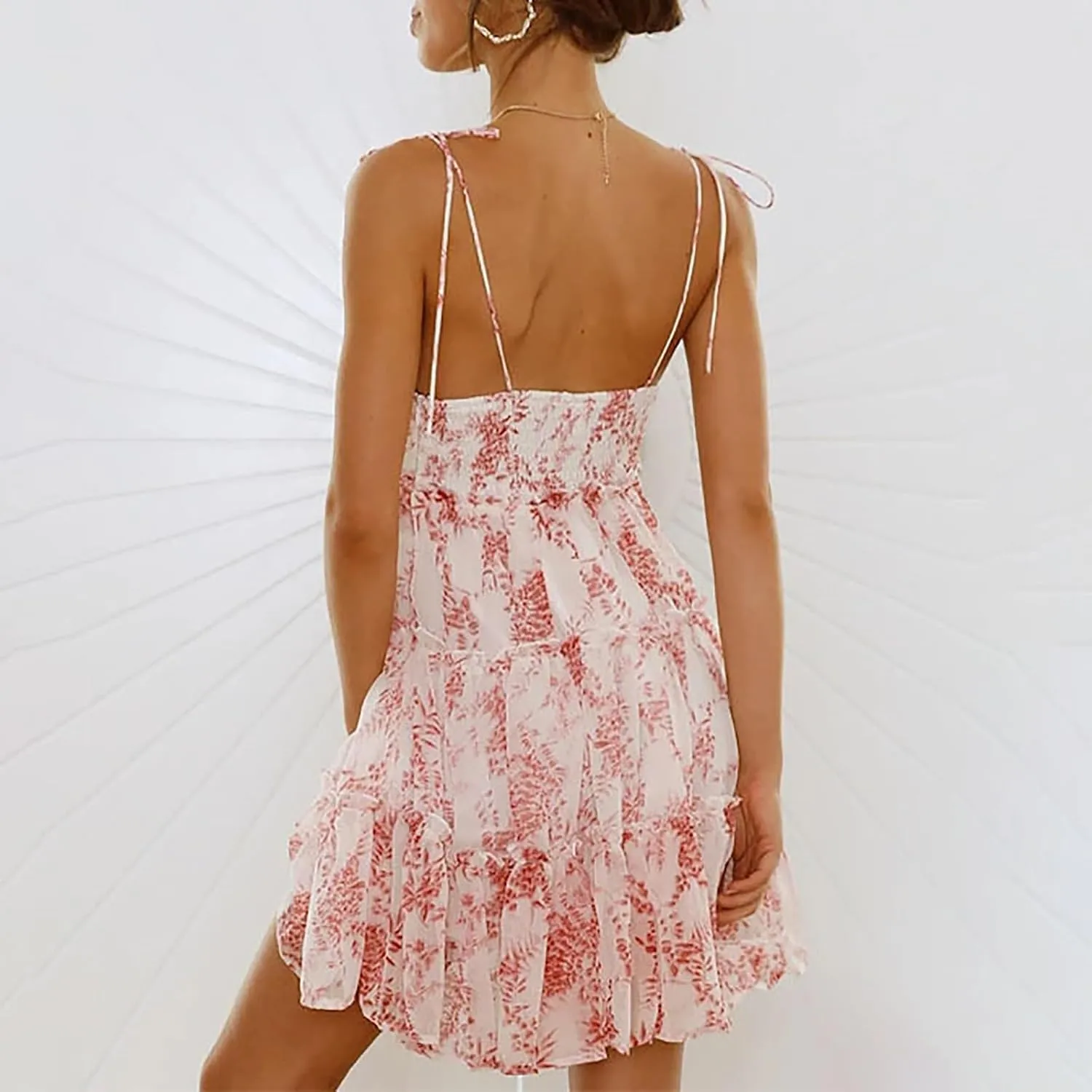 Womens 2024 Summer Floral Mini Dress Boho Flowy Skater Dresses Short Sleeveless Ruffle Spaghetti Strap Beach Vacation Dress