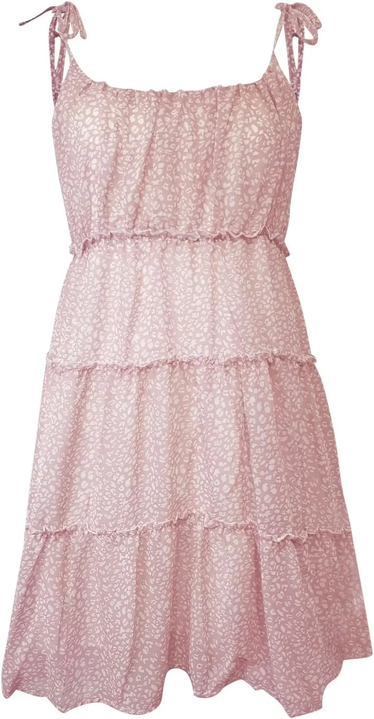 Womens 2024 Summer Floral Mini Dress Boho Flowy Skater Dresses Short Sleeveless Ruffle Spaghetti Strap Beach Vacation Dress