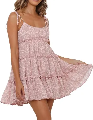 Womens 2024 Summer Floral Mini Dress Boho Flowy Skater Dresses Short Sleeveless Ruffle Spaghetti Strap Beach Vacation Dress