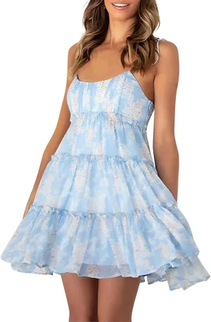 Womens 2024 Summer Floral Mini Dress Boho Flowy Skater Dresses Short Sleeveless Ruffle Spaghetti Strap Beach Vacation Dress
