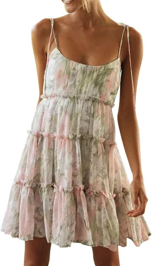 Womens 2024 Summer Floral Mini Dress Boho Flowy Skater Dresses Short Sleeveless Ruffle Spaghetti Strap Beach Vacation Dress