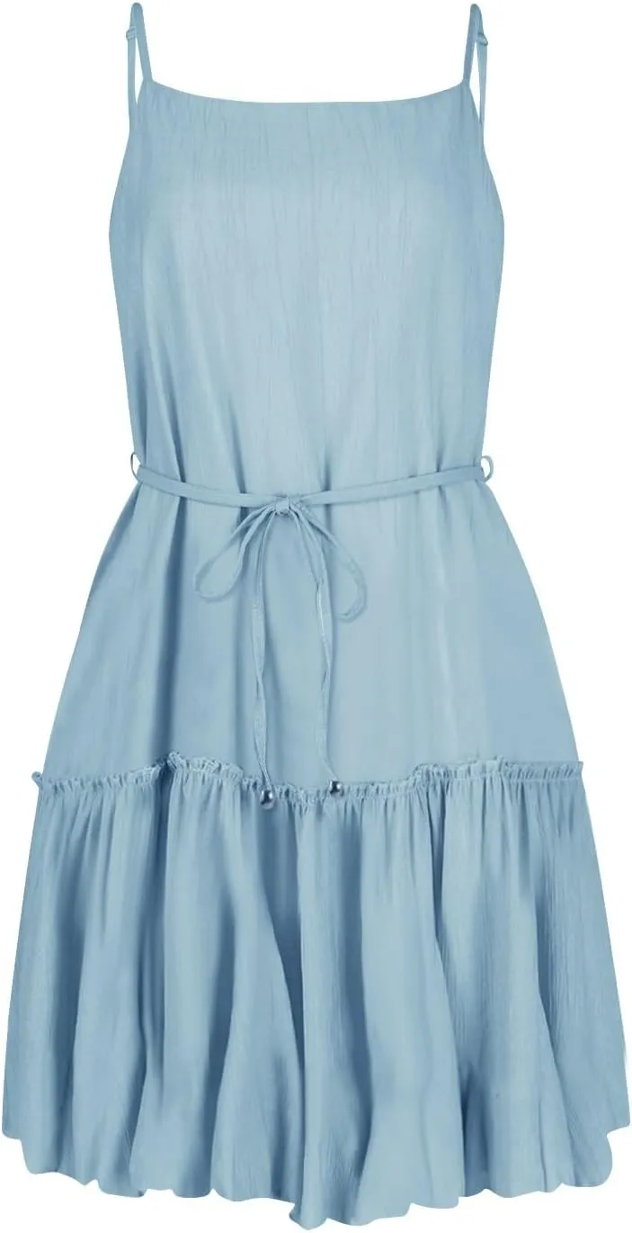 Womens 2024 Summer Floral Mini Dress Flowy Skater Dresses Short Sleeveless Ruffle Spaghetti Strap Beach Vacation Sundress