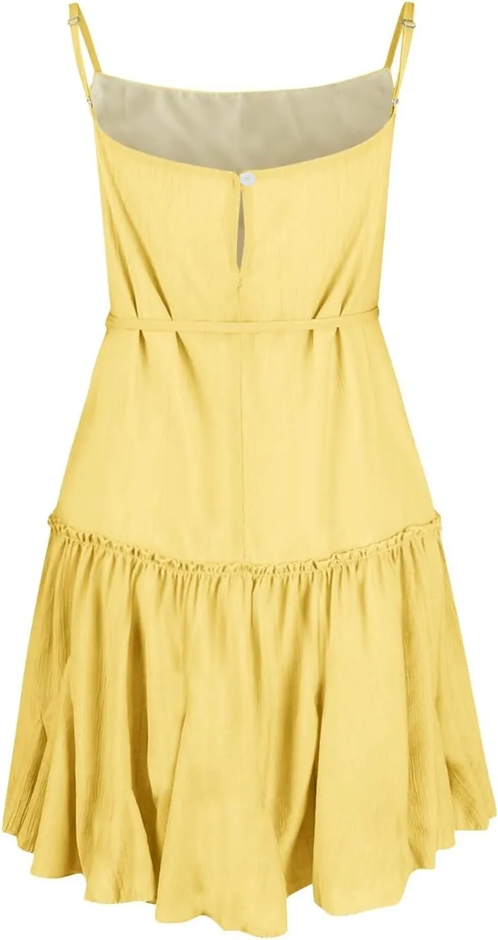 Womens 2024 Summer Floral Mini Dress Flowy Skater Dresses Short Sleeveless Ruffle Spaghetti Strap Beach Vacation Sundress