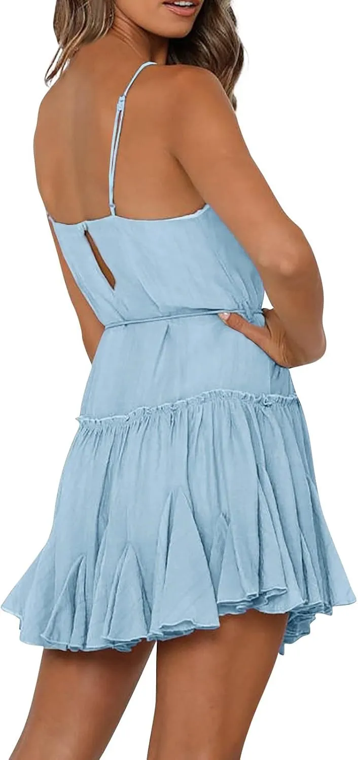 Womens 2024 Summer Floral Mini Dress Flowy Skater Dresses Short Sleeveless Ruffle Spaghetti Strap Beach Vacation Sundress