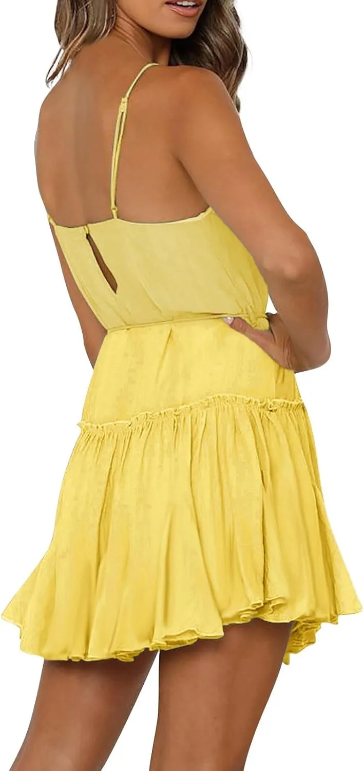 Womens 2024 Summer Floral Mini Dress Flowy Skater Dresses Short Sleeveless Ruffle Spaghetti Strap Beach Vacation Sundress