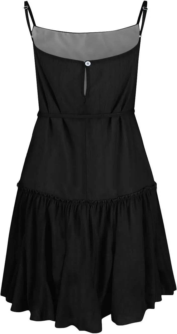 Womens 2024 Summer Floral Mini Dress Flowy Skater Dresses Short Sleeveless Ruffle Spaghetti Strap Beach Vacation Sundress