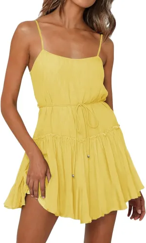 Womens 2024 Summer Floral Mini Dress Flowy Skater Dresses Short Sleeveless Ruffle Spaghetti Strap Beach Vacation Sundress