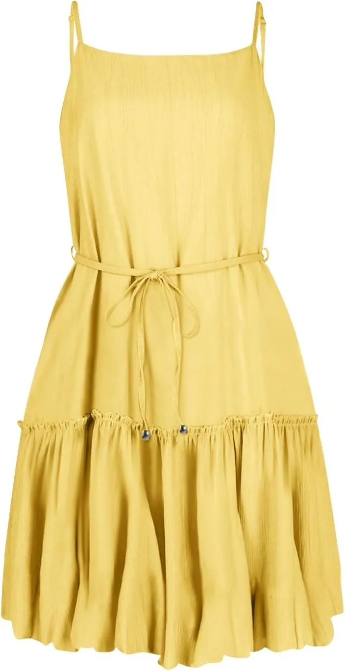 Womens 2024 Summer Floral Mini Dress Flowy Skater Dresses Short Sleeveless Ruffle Spaghetti Strap Beach Vacation Sundress