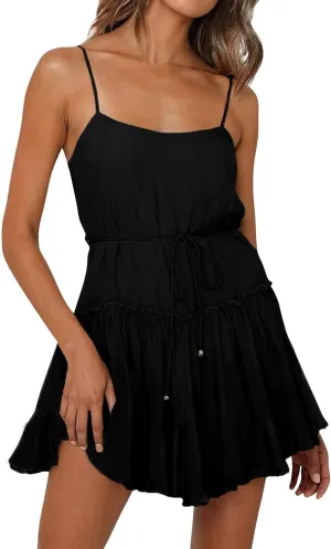 Womens 2024 Summer Floral Mini Dress Flowy Skater Dresses Short Sleeveless Ruffle Spaghetti Strap Beach Vacation Sundress