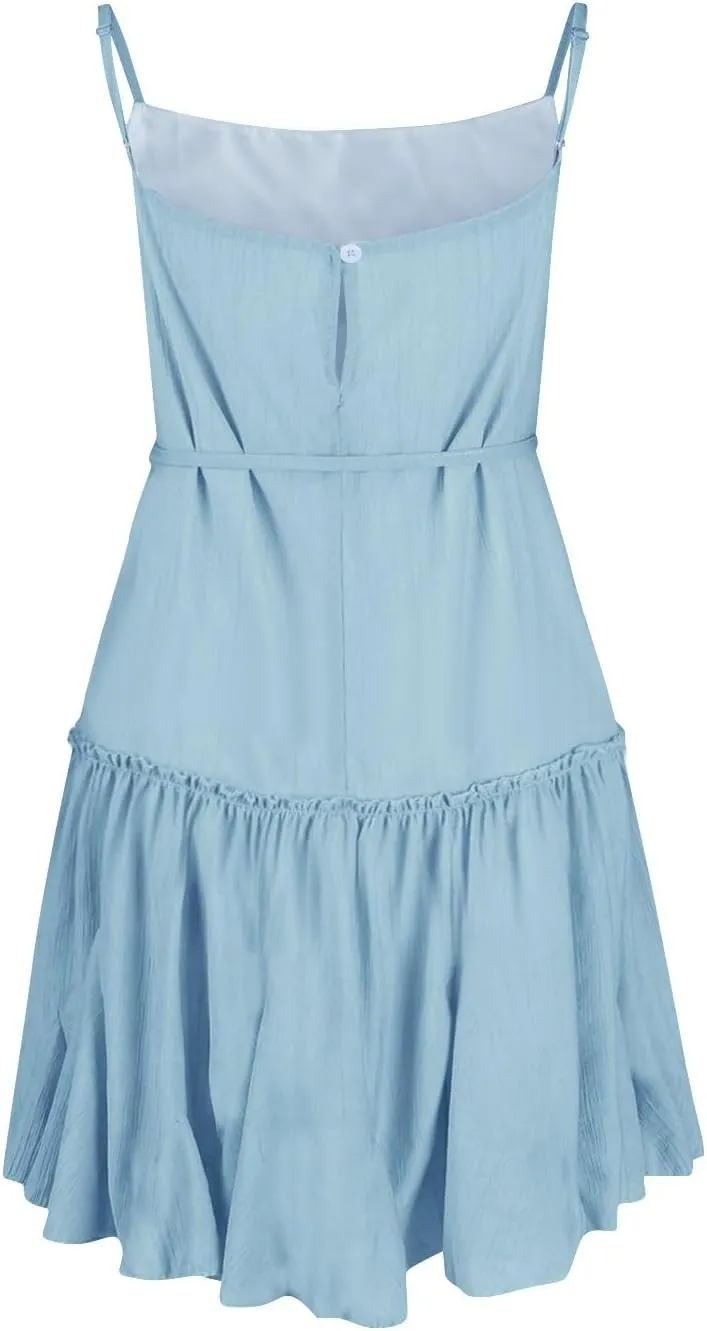 Womens 2024 Summer Floral Mini Dress Flowy Skater Dresses Short Sleeveless Ruffle Spaghetti Strap Beach Vacation Sundress