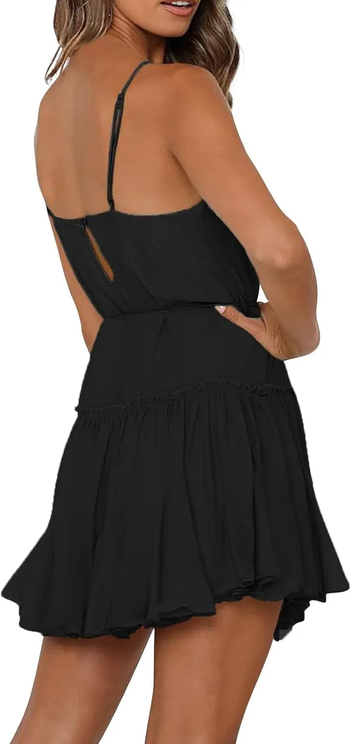 Womens 2024 Summer Floral Mini Dress Flowy Skater Dresses Short Sleeveless Ruffle Spaghetti Strap Beach Vacation Sundress