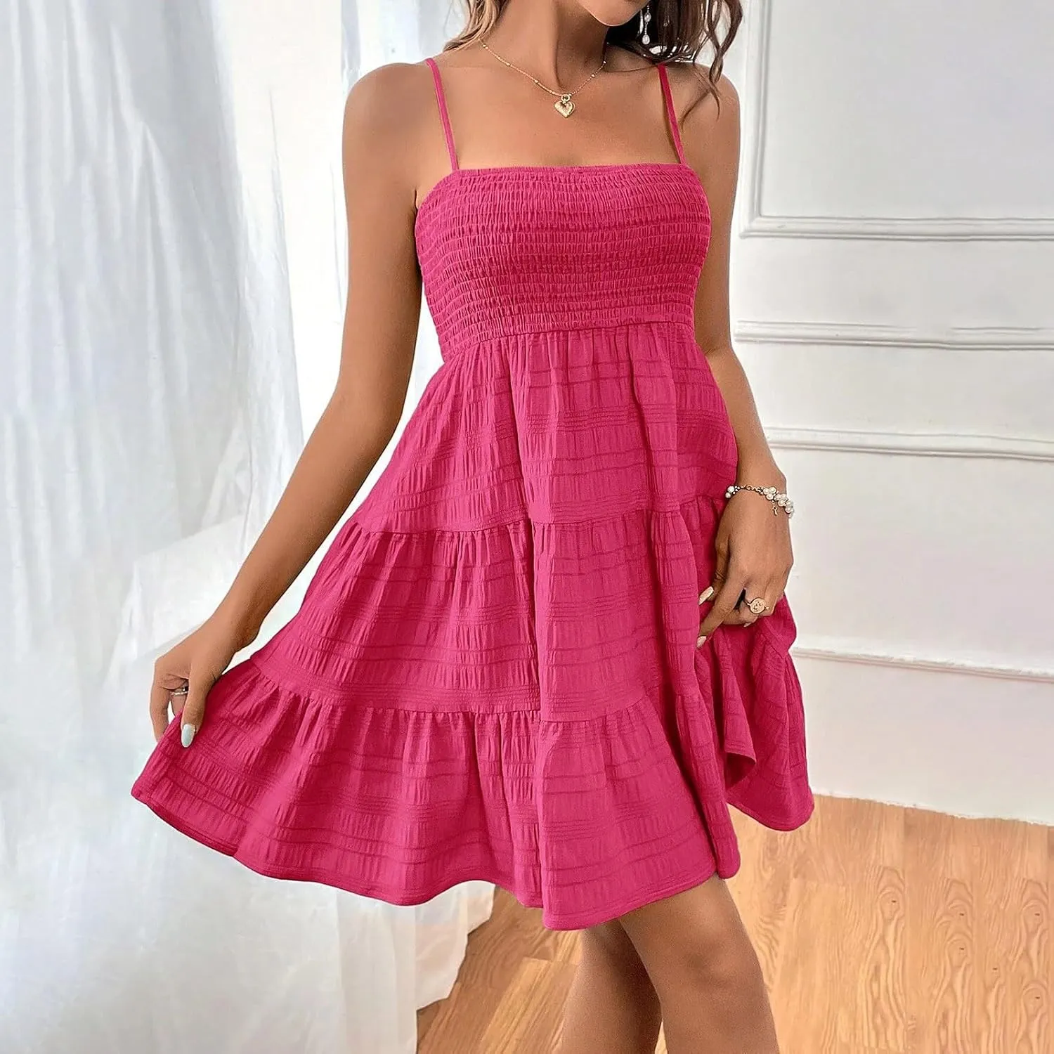 Womens 2024 Summer Flowy Maxi Dress Casual Sleeveless Spaghetti Strap Ruffle A Line Swing Mini Beach Vacation Sundress