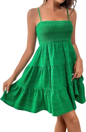 Womens 2024 Summer Flowy Maxi Dress Casual Sleeveless Spaghetti Strap Ruffle A Line Swing Mini Beach Vacation Sundress