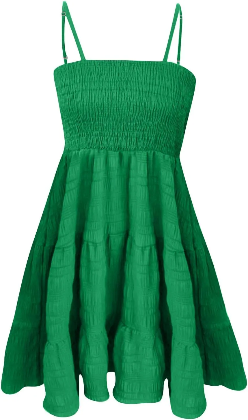Womens 2024 Summer Flowy Maxi Dress Casual Sleeveless Spaghetti Strap Ruffle A Line Swing Mini Beach Vacation Sundress