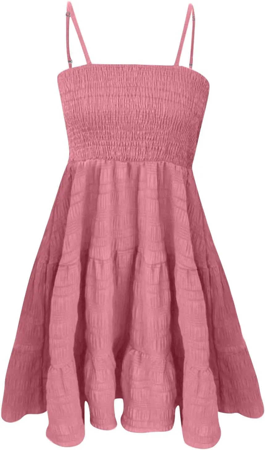 Womens 2024 Summer Flowy Maxi Dress Casual Sleeveless Spaghetti Strap Ruffle A Line Swing Mini Beach Vacation Sundress
