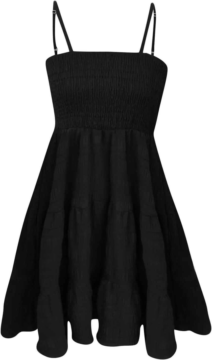 Womens 2024 Summer Flowy Maxi Dress Casual Sleeveless Spaghetti Strap Ruffle A Line Swing Mini Beach Vacation Sundress