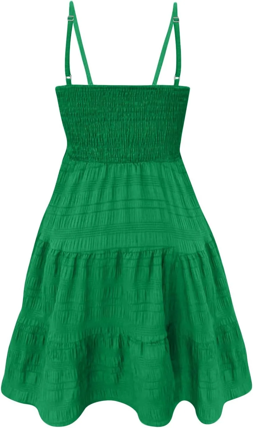 Womens 2024 Summer Flowy Maxi Dress Casual Sleeveless Spaghetti Strap Ruffle A Line Swing Mini Beach Vacation Sundress
