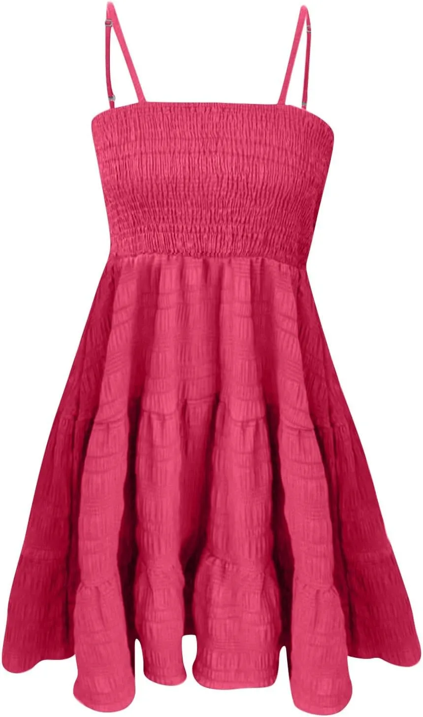 Womens 2024 Summer Flowy Maxi Dress Casual Sleeveless Spaghetti Strap Ruffle A Line Swing Mini Beach Vacation Sundress