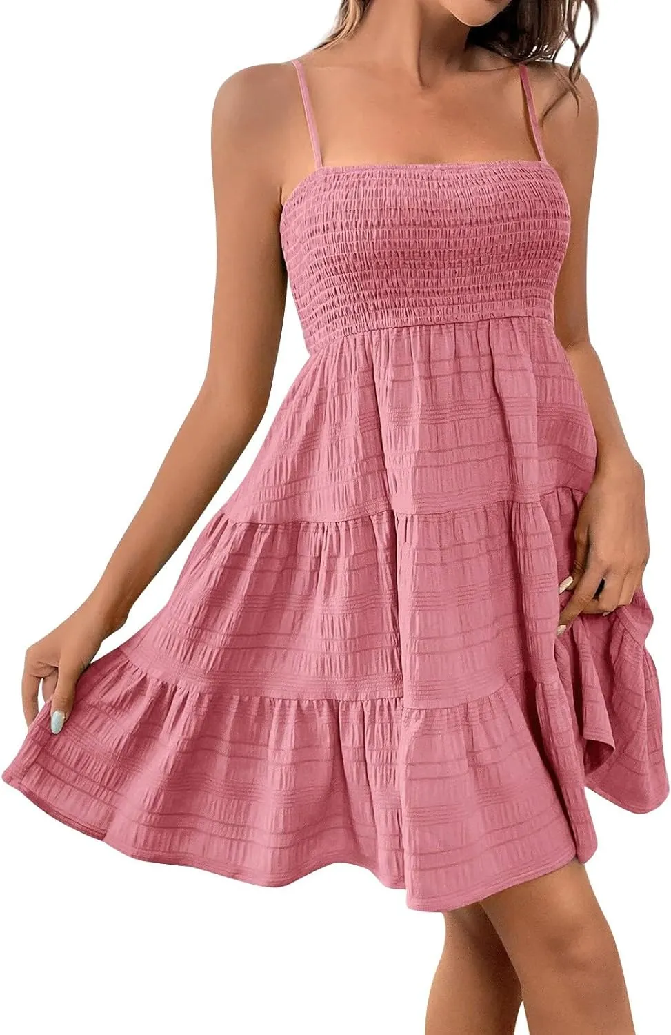 Womens 2024 Summer Flowy Maxi Dress Casual Sleeveless Spaghetti Strap Ruffle A Line Swing Mini Beach Vacation Sundress