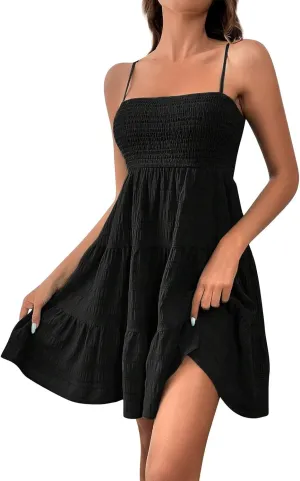 Womens 2024 Summer Flowy Maxi Dress Casual Sleeveless Spaghetti Strap Ruffle A Line Swing Mini Beach Vacation Sundress