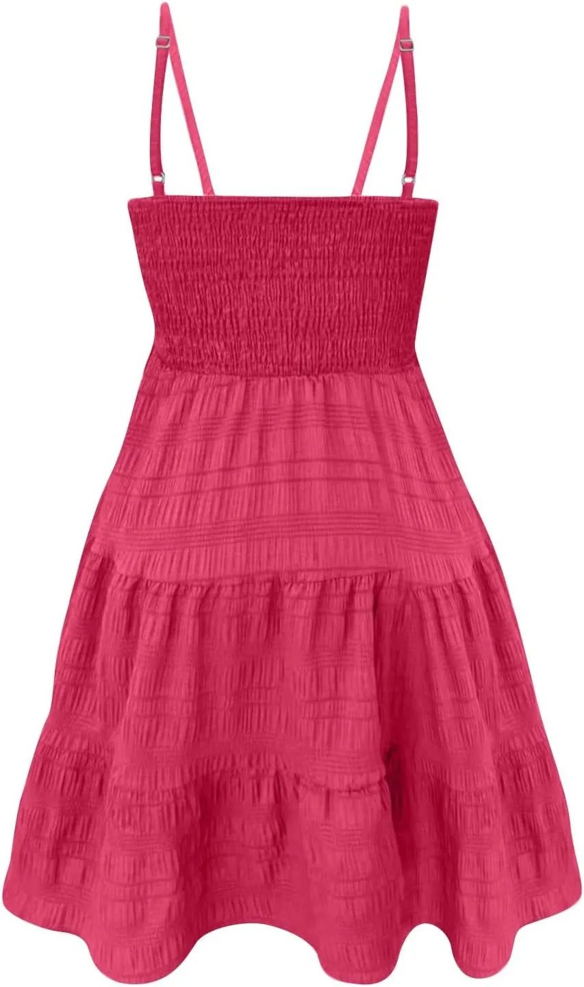 Womens 2024 Summer Flowy Maxi Dress Casual Sleeveless Spaghetti Strap Ruffle A Line Swing Mini Beach Vacation Sundress