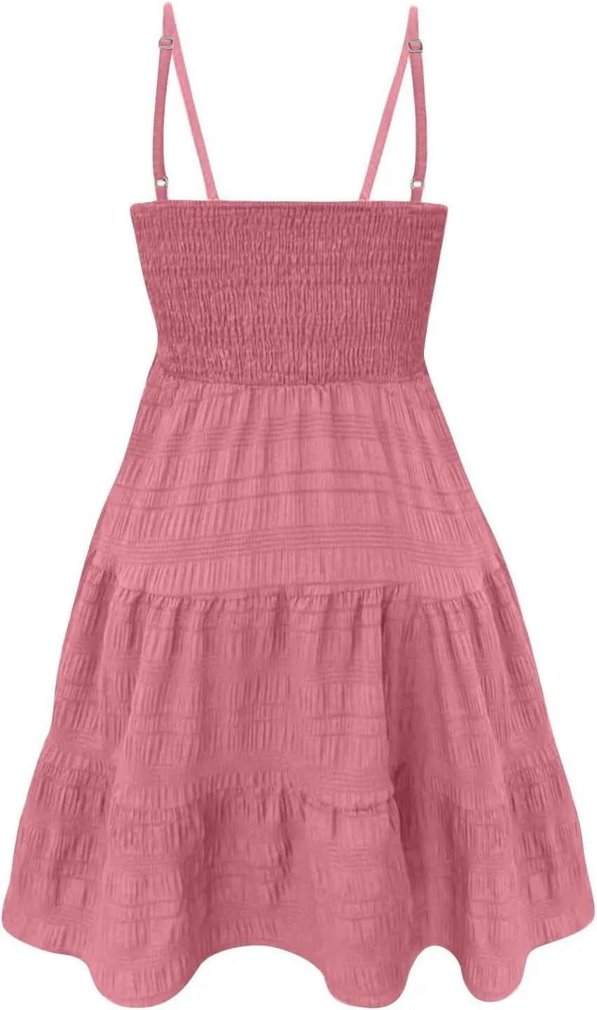 Womens 2024 Summer Flowy Maxi Dress Casual Sleeveless Spaghetti Strap Ruffle A Line Swing Mini Beach Vacation Sundress