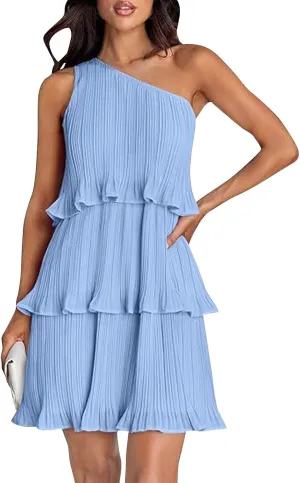 Women's 2024 Summer Sleeveless Mini Dress Boho One Shoulder Ruffle Tiered Layered Chiffon Flowy A Line Dresses
