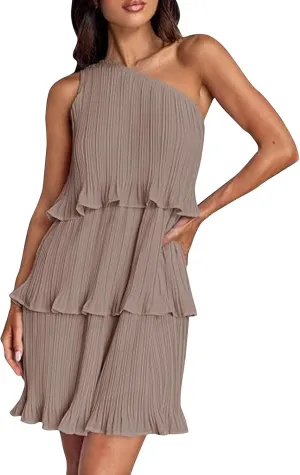 Women's 2024 Summer Sleeveless Mini Dress Boho One Shoulder Ruffle Tiered Layered Chiffon Flowy A Line Dresses