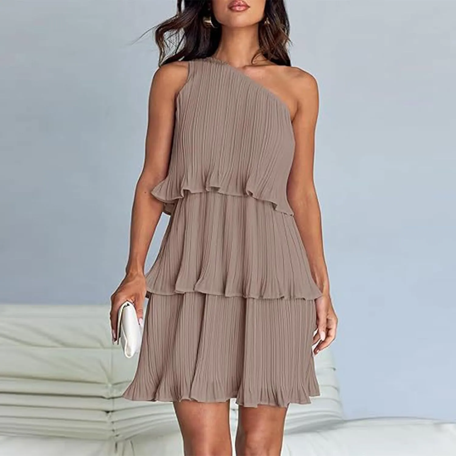 Women's 2024 Summer Sleeveless Mini Dress Boho One Shoulder Ruffle Tiered Layered Chiffon Flowy A Line Dresses