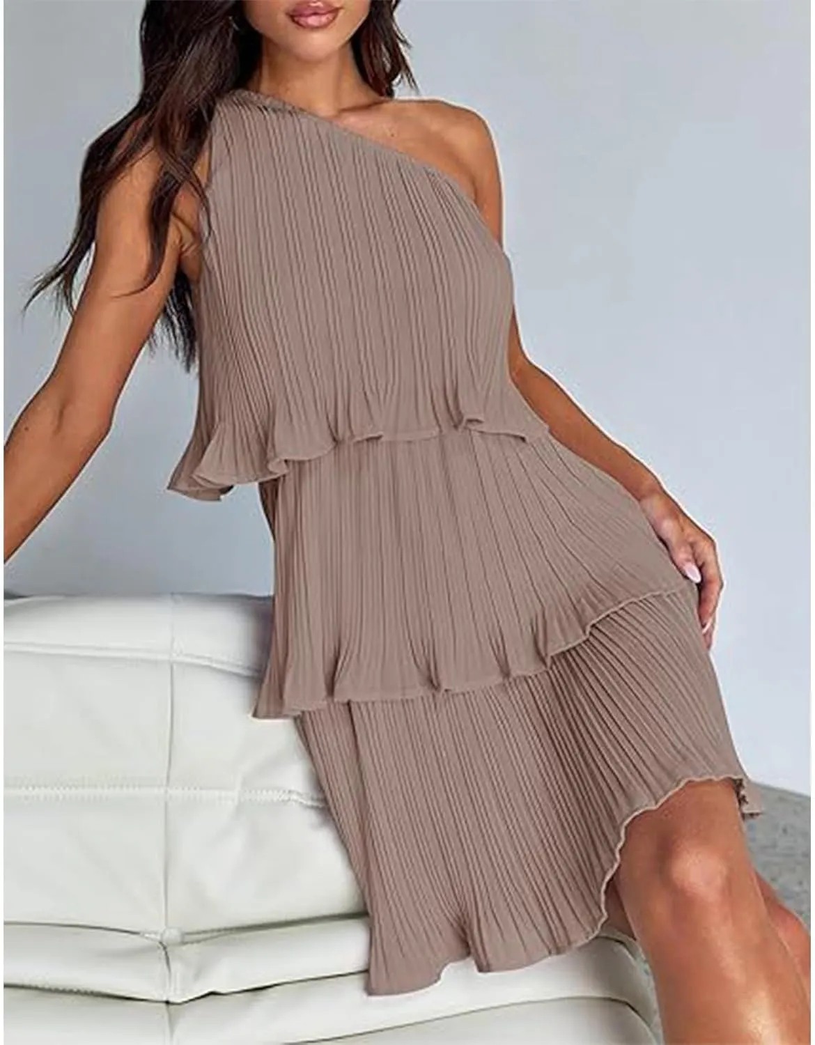 Women's 2024 Summer Sleeveless Mini Dress Boho One Shoulder Ruffle Tiered Layered Chiffon Flowy A Line Dresses