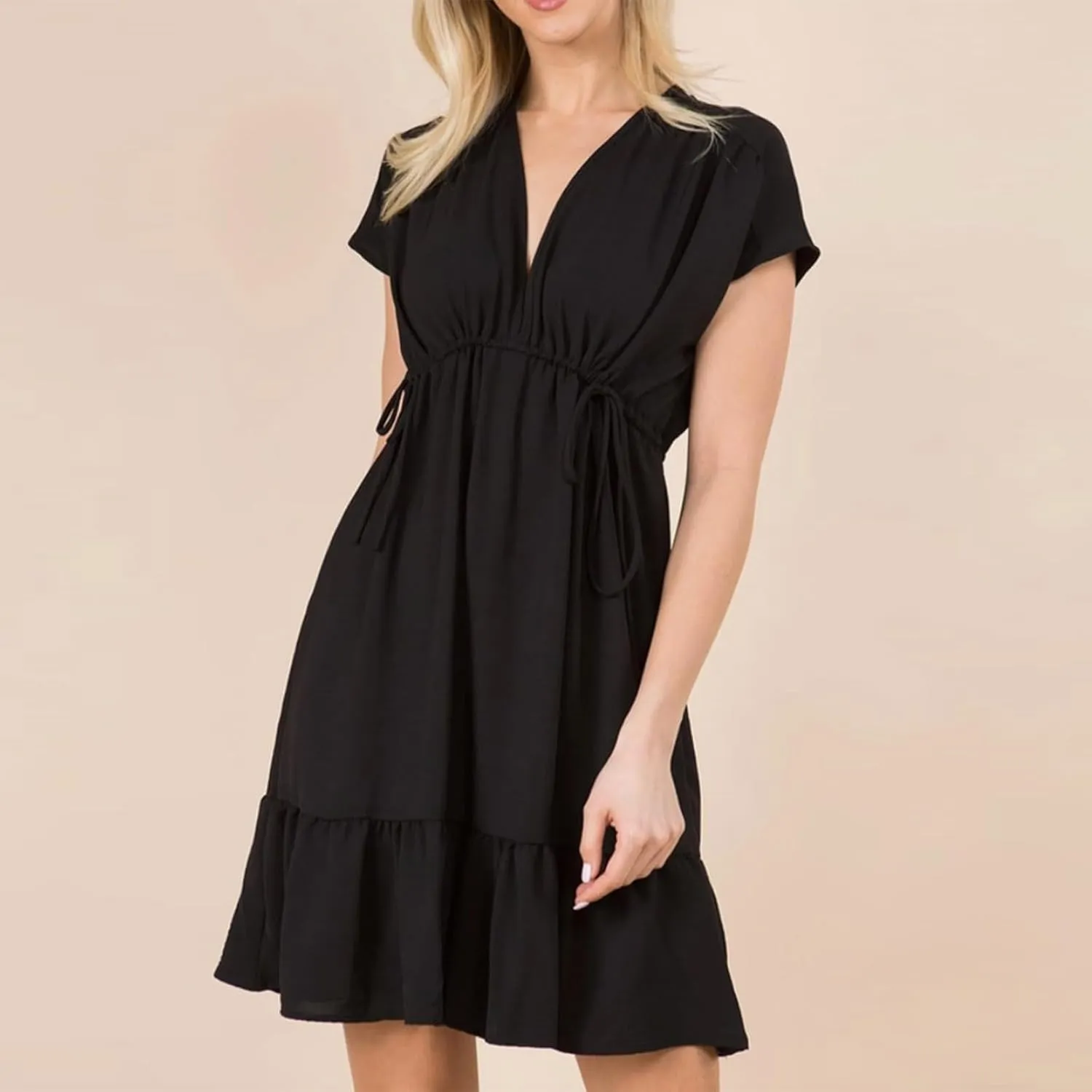 Womens 2024 Summer V-Neck Ruffle Loose Short Sleeve High Waist Mini Dress A Line Swing Mini Beach Vacation Sundress