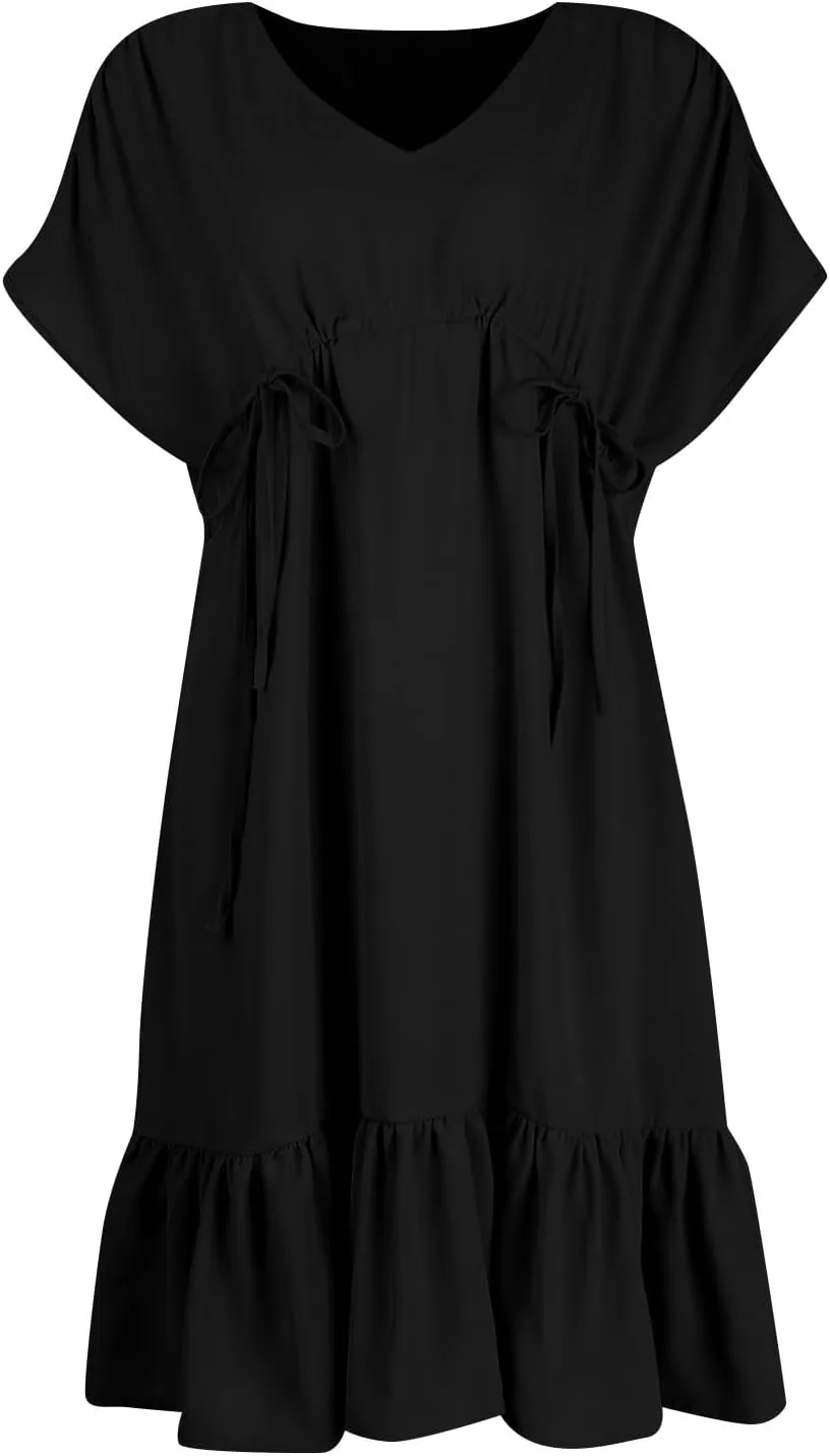 Womens 2024 Summer V-Neck Ruffle Loose Short Sleeve High Waist Mini Dress A Line Swing Mini Beach Vacation Sundress
