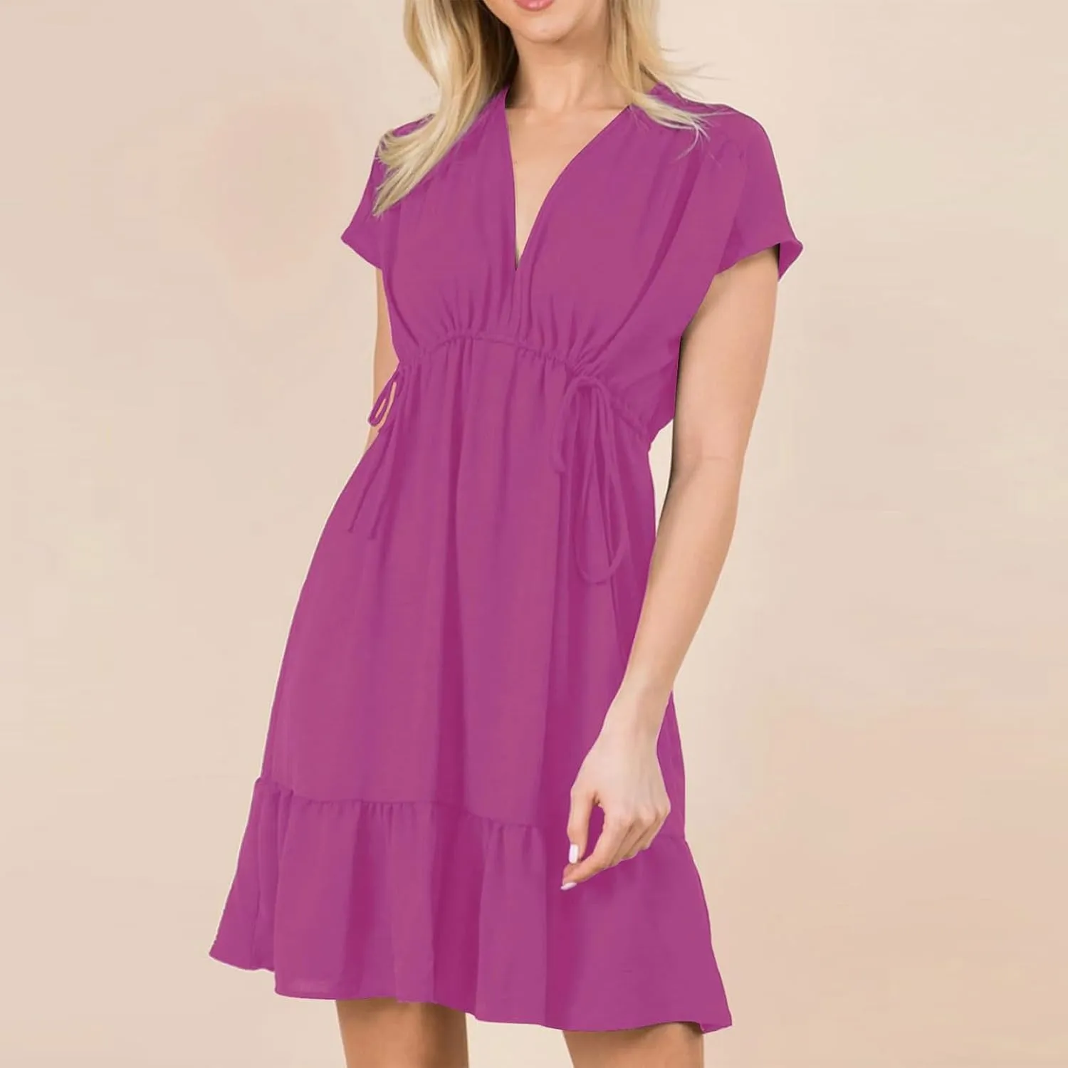 Womens 2024 Summer V-Neck Ruffle Loose Short Sleeve High Waist Mini Dress A Line Swing Mini Beach Vacation Sundress