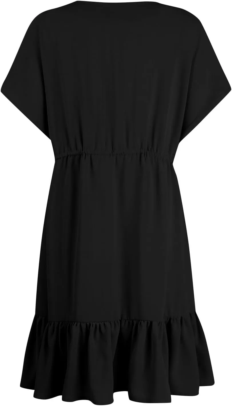 Womens 2024 Summer V-Neck Ruffle Loose Short Sleeve High Waist Mini Dress A Line Swing Mini Beach Vacation Sundress