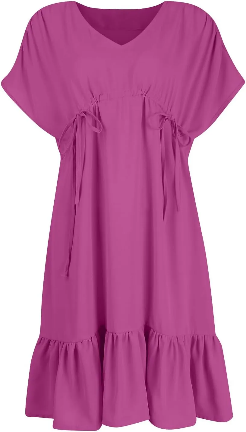 Womens 2024 Summer V-Neck Ruffle Loose Short Sleeve High Waist Mini Dress A Line Swing Mini Beach Vacation Sundress