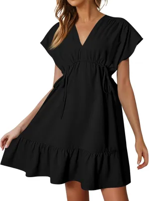 Womens 2024 Summer V-Neck Ruffle Loose Short Sleeve High Waist Mini Dress A Line Swing Mini Beach Vacation Sundress