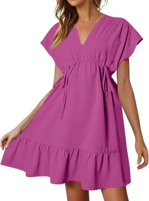 Womens 2024 Summer V-Neck Ruffle Loose Short Sleeve High Waist Mini Dress A Line Swing Mini Beach Vacation Sundress