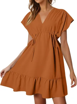 Womens 2024 Summer V-Neck Ruffle Loose Short Sleeve High Waist Mini Dress A Line Swing Mini Beach Vacation Sundress