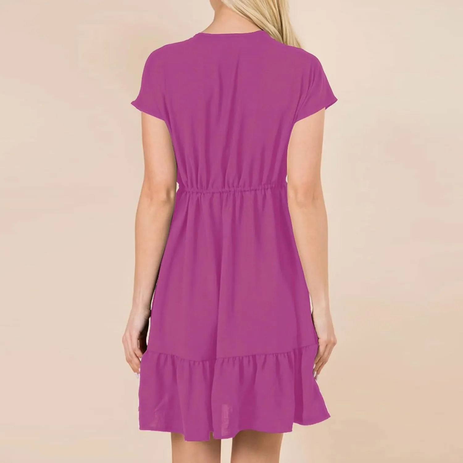 Womens 2024 Summer V-Neck Ruffle Loose Short Sleeve High Waist Mini Dress A Line Swing Mini Beach Vacation Sundress