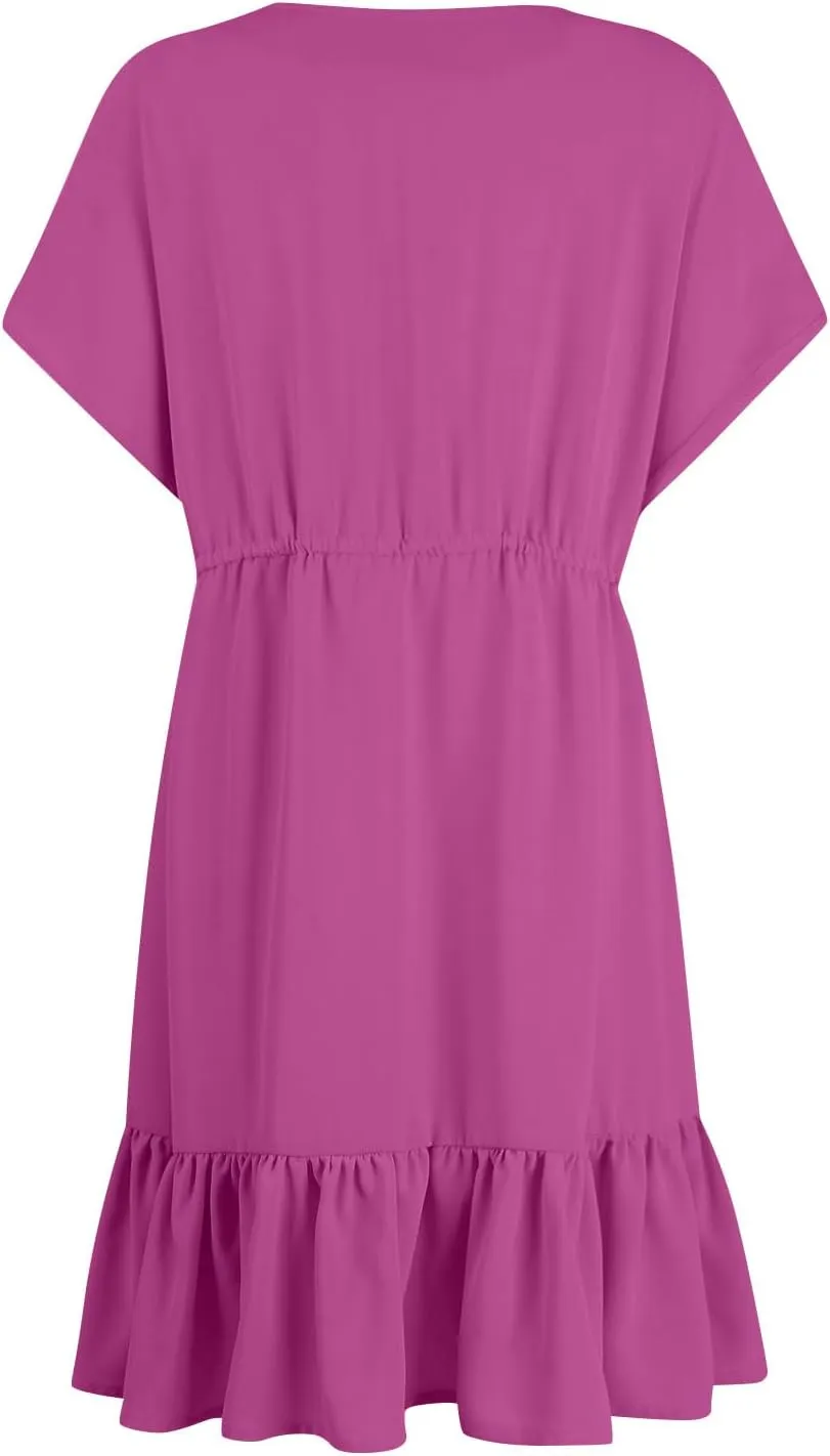 Womens 2024 Summer V-Neck Ruffle Loose Short Sleeve High Waist Mini Dress A Line Swing Mini Beach Vacation Sundress