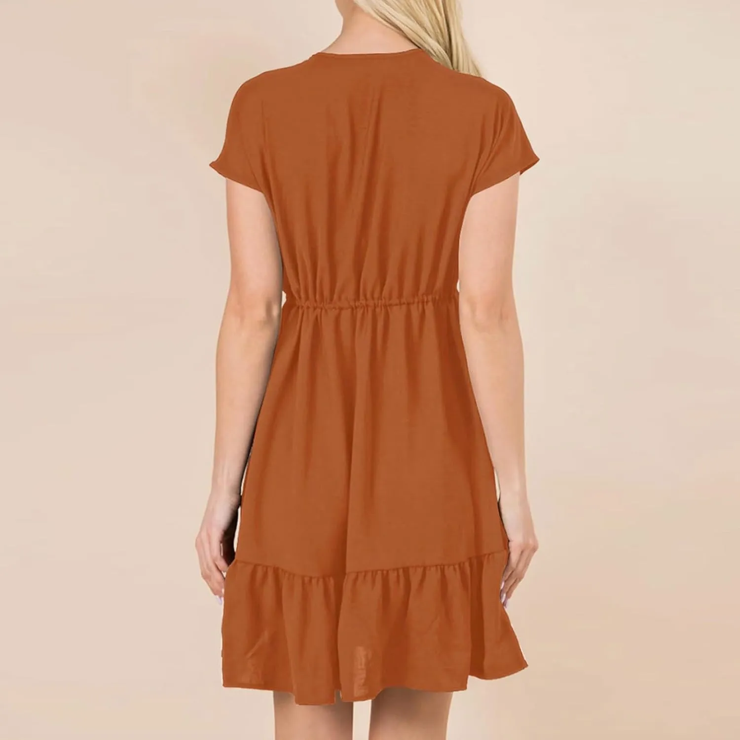Womens 2024 Summer V-Neck Ruffle Loose Short Sleeve High Waist Mini Dress A Line Swing Mini Beach Vacation Sundress