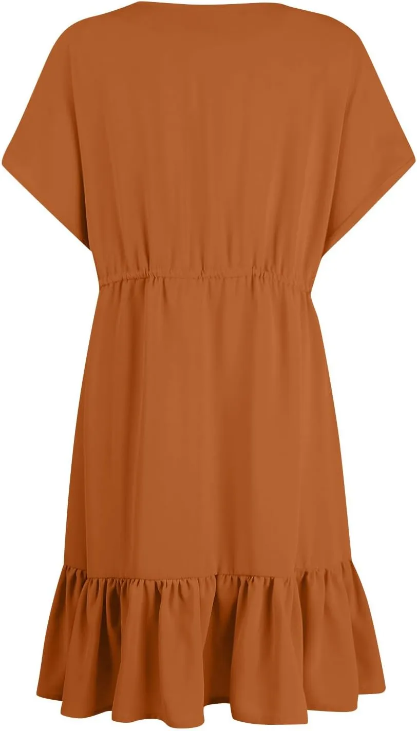 Womens 2024 Summer V-Neck Ruffle Loose Short Sleeve High Waist Mini Dress A Line Swing Mini Beach Vacation Sundress