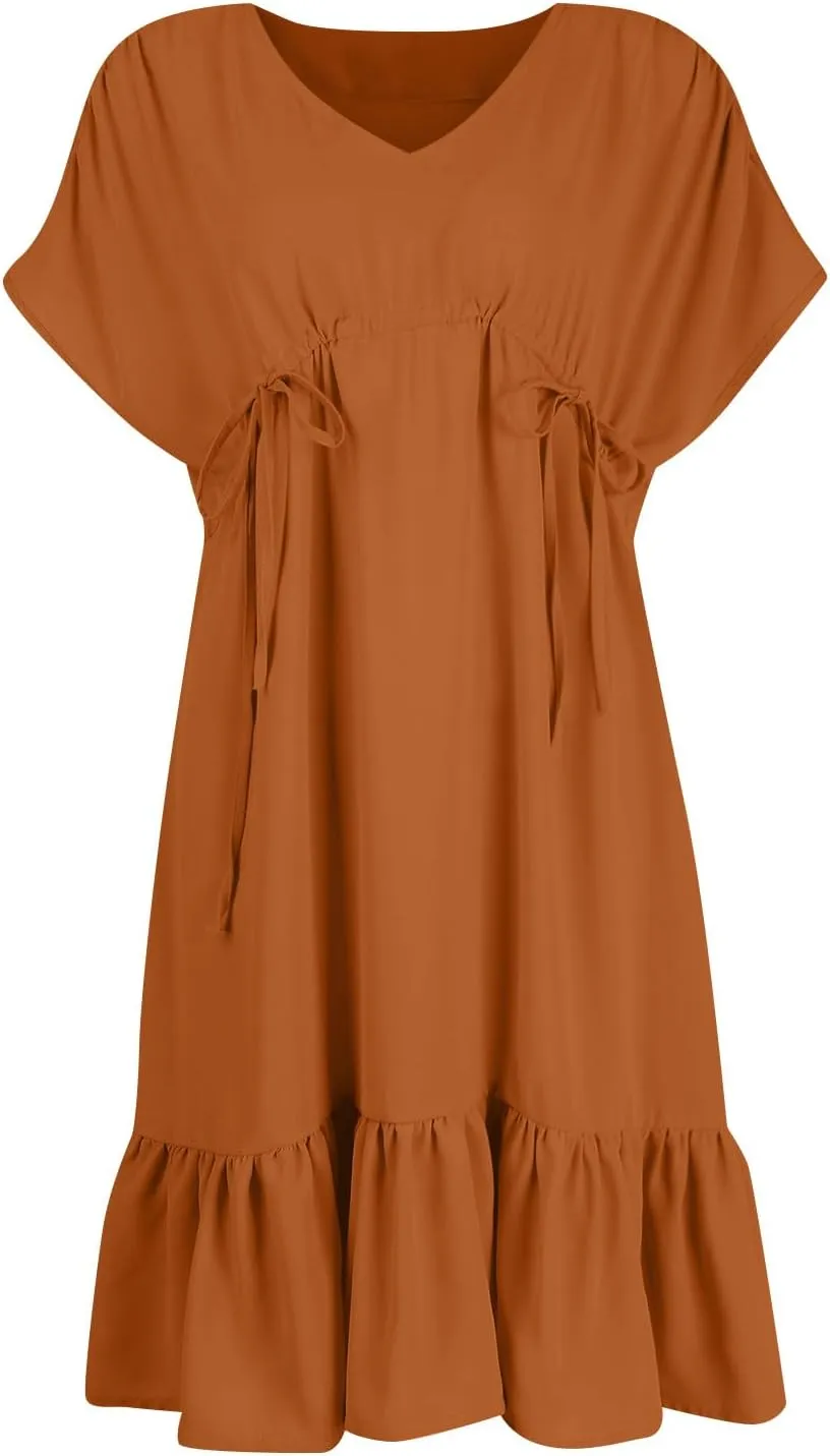Womens 2024 Summer V-Neck Ruffle Loose Short Sleeve High Waist Mini Dress A Line Swing Mini Beach Vacation Sundress