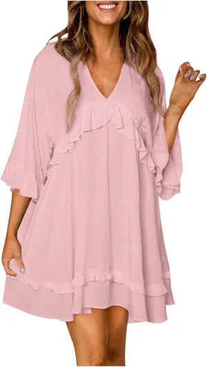 Womens 2024 Summer V-Neck Ruffle Loose Short Sleeve Mini Dress A Line Swing Mini Beach Vacation Sundress