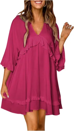 Womens 2024 Summer V-Neck Ruffle Loose Short Sleeve Mini Dress A Line Swing Mini Beach Vacation Sundress