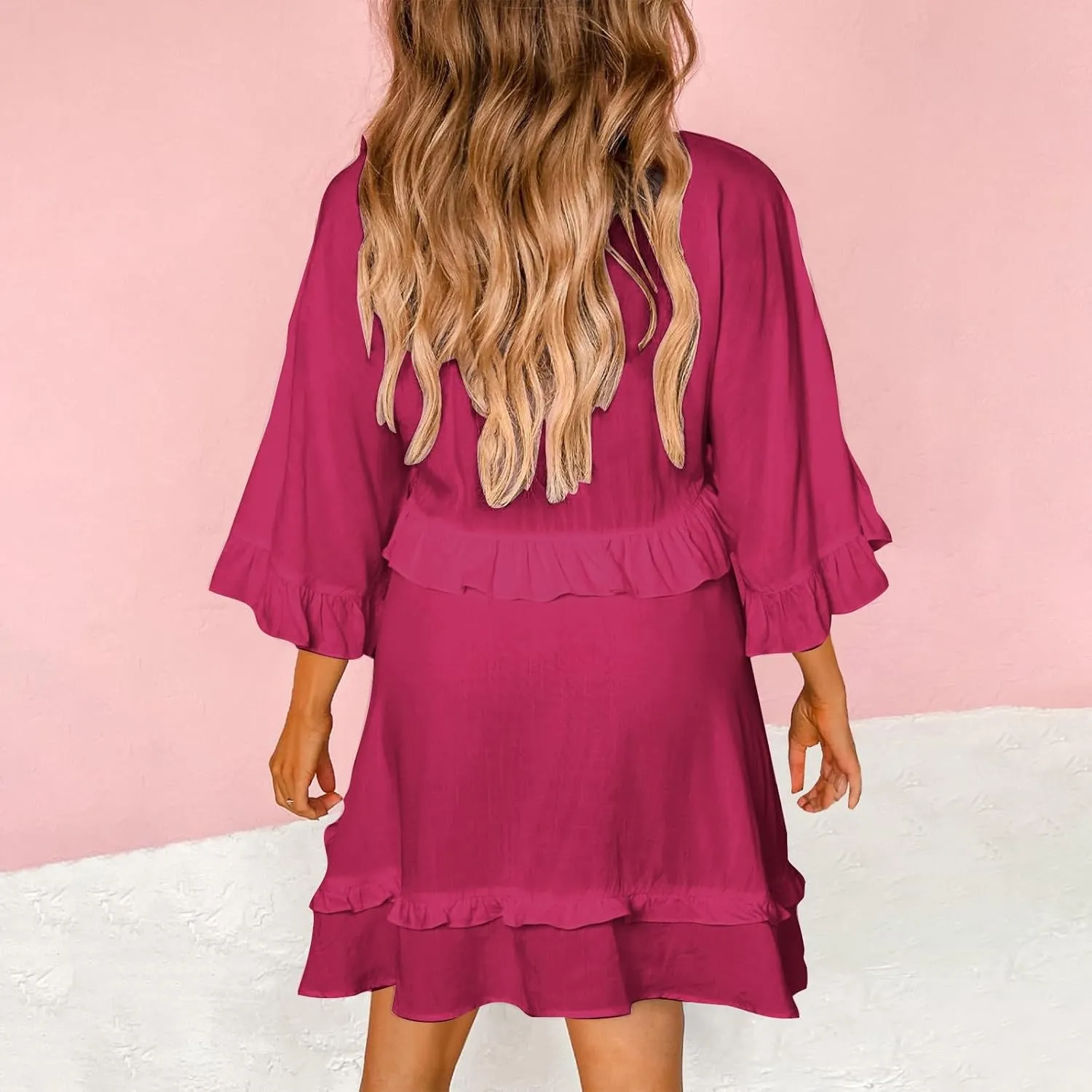 Womens 2024 Summer V-Neck Ruffle Loose Short Sleeve Mini Dress A Line Swing Mini Beach Vacation Sundress