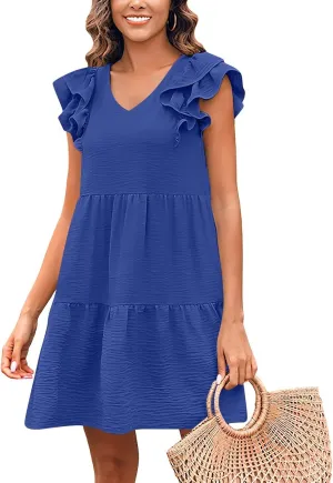 Womens 2024 Summer V-Neck Sleeveless Ruffle Fashion Casual Fit Flowy Tiered Boho Swing Mini Beach Vacation Sundress