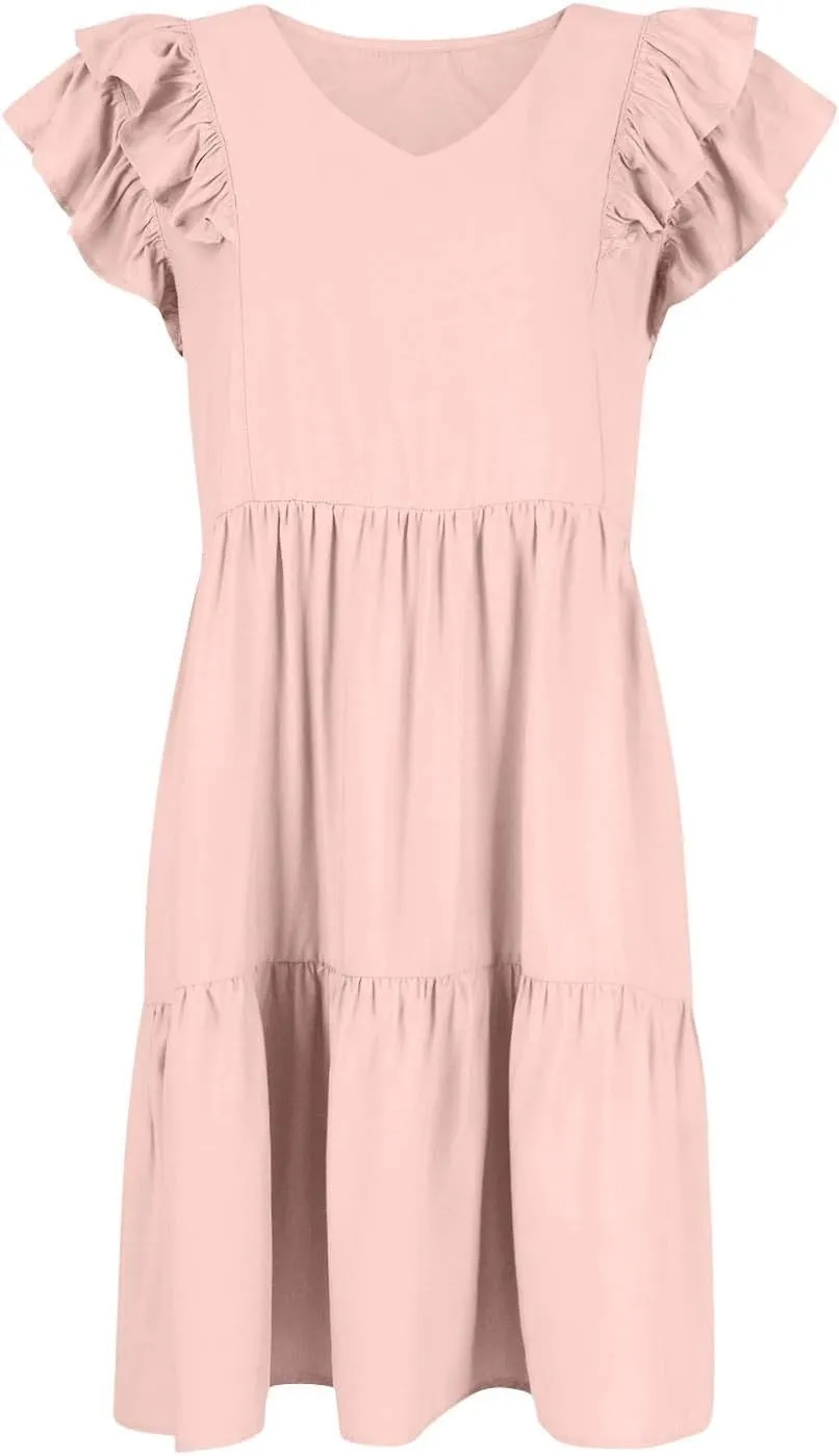 Womens 2024 Summer V-Neck Sleeveless Ruffle Fashion Casual Fit Flowy Tiered Boho Swing Mini Beach Vacation Sundress