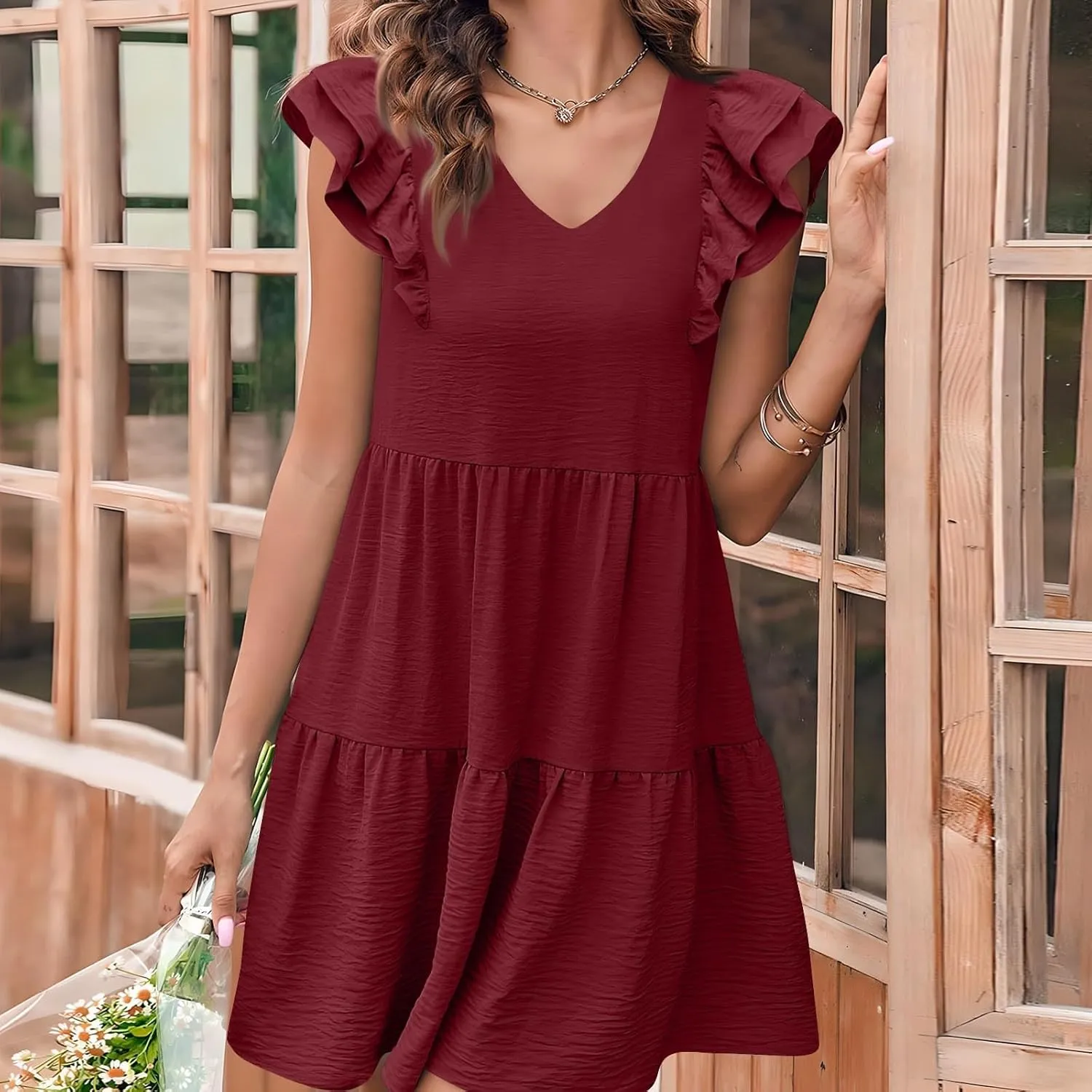 Womens 2024 Summer V-Neck Sleeveless Ruffle Fashion Casual Fit Flowy Tiered Boho Swing Mini Beach Vacation Sundress