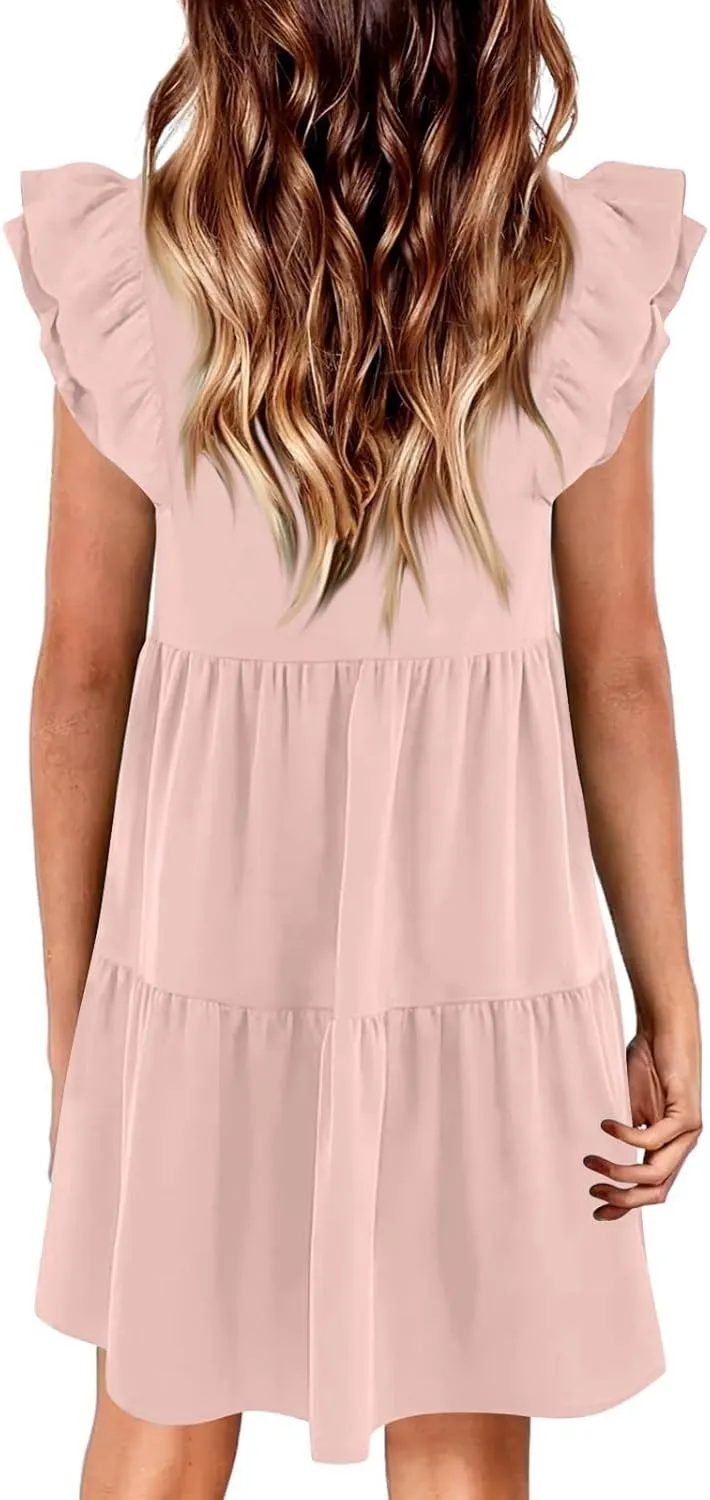Womens 2024 Summer V-Neck Sleeveless Ruffle Fashion Casual Fit Flowy Tiered Boho Swing Mini Beach Vacation Sundress